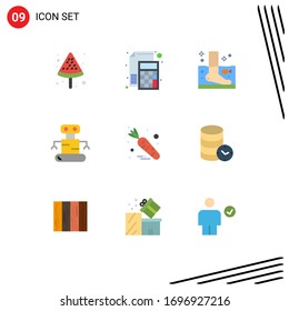 Conjunto de 9 símbolos modernos de iconos de la interfaz de usuario para la comida; espacio; pescado; robot; elementos de diseño de vectores editables de wellness