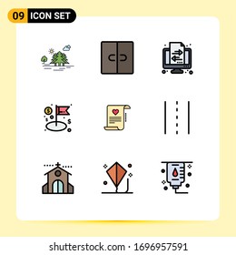 Set von 9 Symbolen der modernen Benutzeroberfläche, Zeichen für Buchstaben; Unternehmen; Inneneinrichtung; Flagge; Design-Elemente für bearbeitbare Vektorillustrationen übertragen