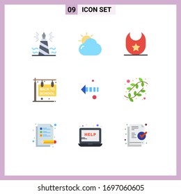 Set of 9 Modern UI Icons Symbols Signs for direction; school; sun; hanging sign; back to school Editable Vector Design Elements