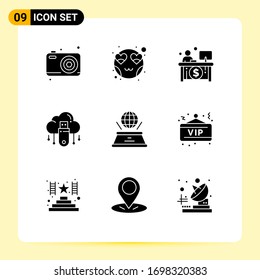 Set of 9 Modern UI Icons Symbols Signs for world; cloud; business; online; usb Editable Vector Design Elements