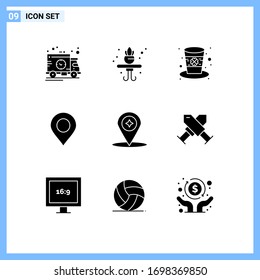 Set of 9 Modern UI Icons Symbols Signs for location; compass; hat; map; marker Editable Vector Design Elements