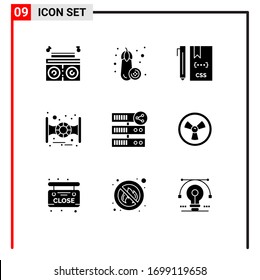Conjunto de 9 símbolos de símbolos de iconos de interfaz de usuario modernos para servidor; participación; css; alojamiento; elementos de diseño de vectores editables de nave espacial