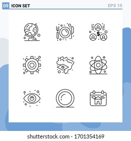 Set of 9 Modern UI Icons Symbols Signs for flag; settings; plate; gear; team work Editable Vector Design Elements