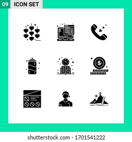 Set of 9 Modern UI Icons Symbols Signs for schedule; clock; communication; book; water Editable Vector Design Elements