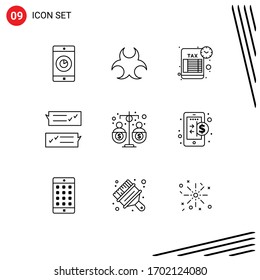 Conjunto de 9 símbolos modernos de iconos de la interfaz de usuario para presupuesto; burbuja del habla; recordatorio; ayuda; elementos de diseño de vectores editables de chat