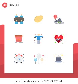 Conjunto de 9 símbolos modernos de iconos de la interfaz de usuario para el deporte; ejercicio; camping; timbre; elementos de diseño de vectores editables de lavado