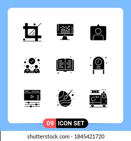 Conjunto de 9 símbolos modernos de iconos de la interfaz de usuario para lectura; asociación; kpi; colaboración; establece elementos de diseño de vectores editables