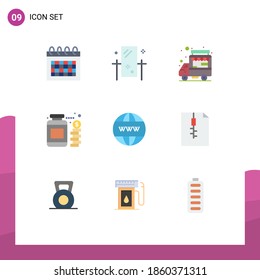 Set von 9 Symbolen der modernen Benutzeroberfläche, Zeichen für Unternehmen; Geld; Reflexion; Glas; Editierbare Vectordesign-Elemente für Lebensmittel