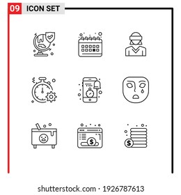 Set of 9 Modern UI Icons Symbols Signs for gear; fast; glasses; clock; woman Editable Vector Design Elements