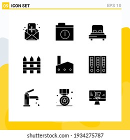 Set of 9 Modern UI Icons Symbols Signs for industrial plant; factory; heart; interior; fence Editable Vector Design Elements