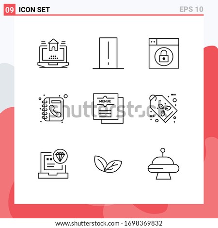 Set of 9 Modern UI Icons Symbols Signs for drink; phone book; light mete; phone; book Editable Vector Design Elements