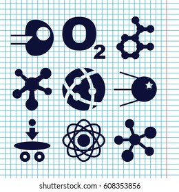 Set of 9 molecular filled icons such as atom, core
