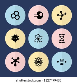 Set of 9 molecule filled icons such as atom, chemical structure, dna, core, bacteria