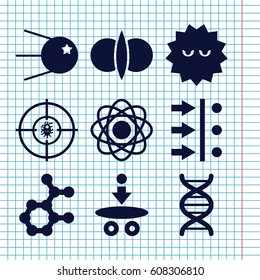 Set of 9 molecule filled icons such as bacteria, dna, atom fusion, atom move, atom
