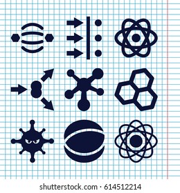 Set of 9 molecule filled icons such as bacteria, atom, atom move, atom interaction