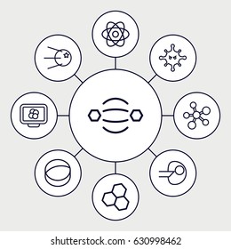 set of 9 molecule outline icons such as bacteria, atom, core, atom interaction, atom on display
