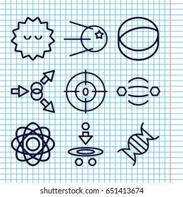Set of 9 molecule outline icons such as bacteria, dna, atom, atom move, core