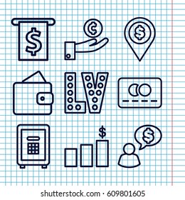 Set of 9 money outline icons such as wallet, credit card, Vegas, safe, money chart, dollar location