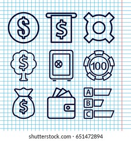 Set of 9 money outline icons such as safe, 100 casino chip, wallet, money tree, illustrgeneric currencyation