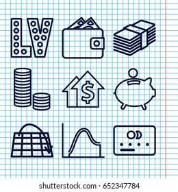 Set of 9 money outline icons such as credit card, vegas, piggy bank, money, wallet, dolar growth, coin, move on map