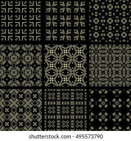 Set Of 9 Monochrome Geometrical Patterns. Black And Gold Texture In Arabic, Oriental Style. Seamless Vector Backgrounds.