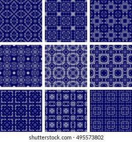 Set Of 9 Monochrome Geometrical Patterns. Blue And White Texture In Arabic, Oriental Style. Seamless Vector Backgrounds. 