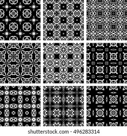 Set Of 9 Monochrome Geometrical Patterns. Black And White Texture In Arabic, Oriental Style. Seamless Vector Backgrounds.