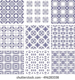 Set Of 9 Monochrome Geometrical Patterns. Blue And White Texture In Arabic, Oriental Style. Seamless Vector Backgrounds.