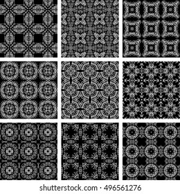 Set Of 9 Monochrome Geometrical Patterns. Black And White Texture In Arabic, Oriental Style. Seamless Vector Backgrounds. Pattern Set. Arabic Pattern Eps. Arabic Pattern JPEG. Arabic  Pattern. 