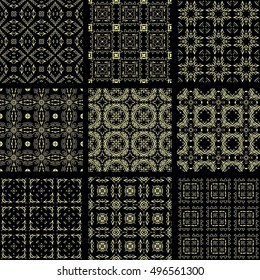 Set Of 9 Monochrome Geometrical Patterns. Black And Gold Texture In Arabic, Oriental Style. Seamless Vector Backgrounds.
