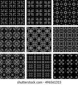 Set Of 9 Monochrome Geometrical Patterns. Black And White Texture In Arabic, Oriental Style. Seamless Vector Backgrounds.