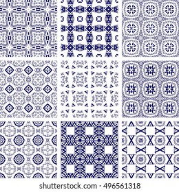 Set Of 9 Monochrome Geometrical Patterns. Blue And White Texture In Arabic, Oriental Style. Seamless Vector Backgrounds.