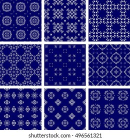 Set Of 9 Monochrome Geometrical Patterns. Blue And White Texture In Arabic, Oriental Style. Seamless Vector Backgrounds.