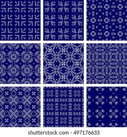 Set Of 9 Monochrome Geometrical Patterns. Blue And White Texture In Arabic, Oriental Style. Seamless Vector Backgrounds.
