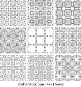 Set Of 9 Monochrome Geometrical Patterns. Black And White Texture In Arabic, Oriental Style. Seamless Vector Backgrounds.