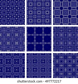 Set Of 9 Monochrome Geometrical Patterns. Blue And White Texture In Arabic, Oriental Style. Seamless Vector Backgrounds.