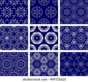 Set Of 9 Monochrome Geometrical Patterns. Blue And White Texture In Arabic, Oriental Style. Seamless Vector Backgrounds.