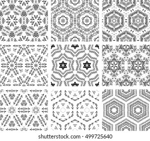 Set Of 9 Monochrome Geometrical Patterns. Black And White Texture In Arabic, Oriental Style. Seamless Vector Backgrounds.