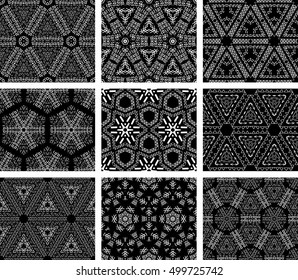 Set Of 9 Monochrome Geometrical Patterns. Black And White Texture In Arabic, Oriental Style. Seamless Vector Backgrounds.