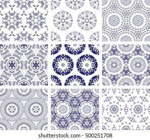 Set Of 9 Monochrome Geometrical Patterns. Blue And White Texture In Arabic, Oriental Style. Seamless Vector Backgrounds.