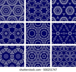 Set Of 9 Monochrome Geometrical Patterns. Blue And White Texture In Arabic, Oriental Style. Seamless Vector Backgrounds.