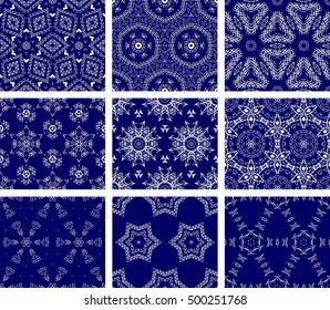 Set Of 9 Monochrome Geometrical Patterns. Blue And White Texture In Arabic, Oriental Style. Seamless Vector Backgrounds.