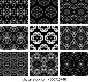 Set Of 9 Monochrome Geometrical Patterns. Black And White Texture In Arabic, Oriental Style. Seamless Vector Backgrounds.