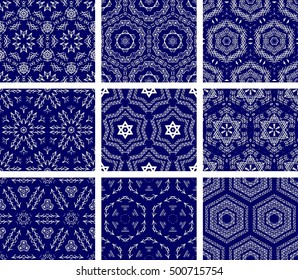 Set Of 9 Monochrome Geometrical Patterns. Blue And White Texture In Arabic, Oriental Style. Seamless Vector Backgrounds.