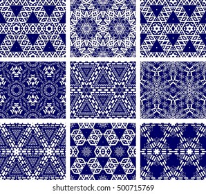 Set Of 9 Monochrome Geometrical Patterns. Blue And White Texture In Arabic, Oriental Style. Seamless Vector Backgrounds.