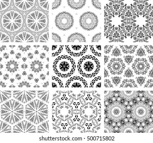 Set Of 9 Monochrome Geometrical Patterns. Black And White Texture In Arabic, Oriental Style. Seamless Vector Backgrounds.