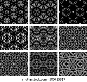 Set Of 9 Monochrome Geometrical Patterns. Black And White Texture In Arabic, Oriental Style. Seamless Vector Backgrounds.