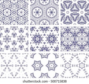 Set Of 9 Monochrome Geometrical Patterns. Blue And White Texture In Arabic, Oriental Style. Seamless Vector Backgrounds.