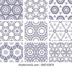 Set Of 9 Monochrome Geometrical Patterns. Blue And White Texture In Arabic, Oriental Style. Seamless Vector Backgrounds.