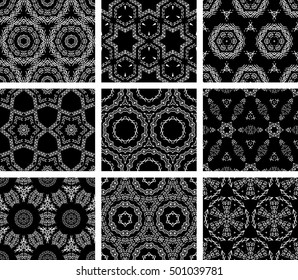 Set Of 9 Monochrome Geometrical Patterns. Black And White Texture In Arabic, Oriental Style. Seamless Vector Backgrounds.